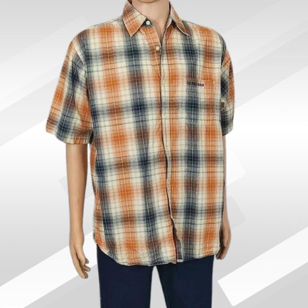 2/$20 US Polo Assn Orange Black Plaid Short Sleeve Button Front Shirt Size L